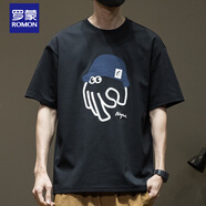 羅蒙（ROMON）潮牌短袖t恤男紅色2026夏季新款寬松大碼男士半袖體恤衫夏裝 黑色 手指貼布繡 M 100-120斤