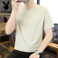 花花公子（PLAYBOY）冰絲短袖T恤男2025夏季新款圓領體恤衫潮流半袖假兩件打底衫 5833杏色 2XL 130-150斤