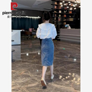 皮爾卡丹（pierre cardin）牛仔裙半身裙小個子夏薄款顯瘦側(cè)開叉a字包臀裙遮肚子遮胯高腰裙 娃娃領(lǐng)白色襯衫+牛仔半身裙 M