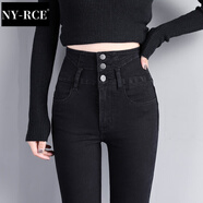 NY-RCE高腰牛仔褲女新款秋冬季修身顯瘦黑色緊身加絨小腳鉛筆褲子 黑色小腳長(cháng)褲 31
