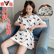 雅鹿冰絲睡裙女夏季甜美可愛(ài)公主風(fēng)V領(lǐng)日系和服系繩連衣裙兩件套睡衣 YWG1272白色蝴蝶結【連衣裙+短褲 L 【95-115斤】
