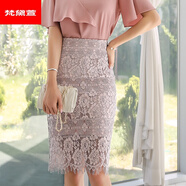 梵黛萱鏤空蕾絲半身裙2025新款夏季短裙高腰顯瘦包臀裙中長(cháng)款一步裙 粉色 XS