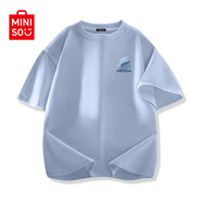 名創(chuàng)優(yōu)品（MINISO）純棉白色短袖男新款潮牌男生半袖t恤青少年百搭正肩圓領(lǐng)上衣體恤 冰川藍(飛揚筆刷胸標(biāo)) 2XL /185(體重160-180斤)
