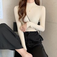FHHUABD半高領(lǐng)內(nèi)搭毛衣女打底衫秋冬2024新款百搭洋氣修身貼身長(zhǎng)袖針織衫 杏色 均碼  高彈力 70-130斤
