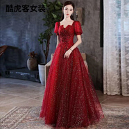 酷虎客晚禮服女2022新款高端氣質(zhì)顯瘦宴會晚禮服女2022高端輕奢感小眾氣 酒紅色長款（裙長140左右） L（建議105-114斤）