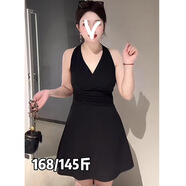 FHHUABD胖mm遮肉顯瘦早春大碼穿搭套裝開叉吊帶裙中長款氣質連衣裙初春裝 單黑色連衣裙 2XL