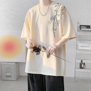 DCOUD短袖T恤男夏季國潮新中式竹子設(shè)計(jì)感純棉半袖寬松體恤打底衫潮流 杏色 XL