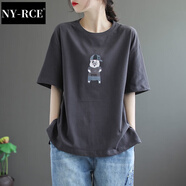 NY-RCE文藝棉質(zhì)麥兜印花短袖T恤女士夏季新款寬松百搭大碼休閑圓領(lǐng)上衣 灰色 均碼 95-145斤