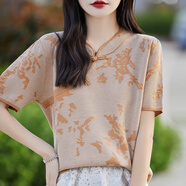 LISL AVE A 雙色提花短袖T恤女2025新款復(fù)古旗袍領(lǐng)歐根紗國風(fēng)短袖新中式上衣 黃駝色 JXYZREY-2462 XL