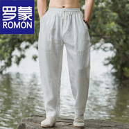 羅蒙（ROMON）純亞麻褲男士麻料休閑褲薄款夏季中國(guó)風(fēng)男褲子寬松蘿卜小腳哈倫褲 白色 XL 【145-160斤】