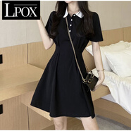 LPOX裙子女夏季2025新款休閑連衣裙女中長款韓版收腰連衣裙polo領款 黑色 M 建議[80-99]斤