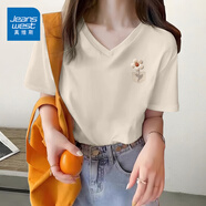 真維斯（JEANSWEST）v領(lǐng)t恤女2025夏季新款純棉短袖女韓版潮流小個(gè)子寬松正肩短袖上衣 米色 毛絨花口袋_K_ L