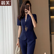 晨芙短袖西裝套裝女夏季薄款時(shí)尚氣質(zhì)國(guó)風(fēng)美容院珠寶店工裝中式工作服 藍(lán)色西裝+九分褲 3XL 建議130-140斤