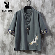 花花公子（PLAYBOY）中國(guó)風(fēng)男裝刺繡亞麻t恤男V領(lǐng)短袖小衫復(fù)古半袖夏季棉麻五分袖上衣 煙灰色(YM901) M 號(hào)