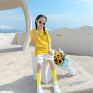 深妍色糖果色純棉短袖t恤兒童幼兒園小學(xué)運動(dòng)會(huì )畢業(yè)季演出表演服T恤套裝 鮮黃 套裝（T恤+中褲+鏡襪） 140 【T恤140碼+中褲150碼】