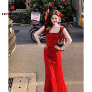 AEMAPE清邁紅玫瑰魚(yú)尾茶歇法式紅色方領(lǐng)背心吊帶裙女度假裙2025夏季新品 主圖款 M