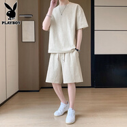花花公子（PLAYBOY）短袖休閑運(yùn)動(dòng)套裝男士夏季潮流冰絲提花字母涼感搭配一套 2547卡其色【套裝】 M