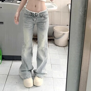 LDBE美式復古花邊牛仔褲女夏季薄款設計感顯瘦直筒褲寬松百搭微喇長(cháng)褲 淺藍色 S