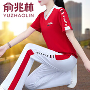 俞兆林廣場(chǎng)舞跳舞服裝運動(dòng)服套裝女夏季寬松大碼v領(lǐng)短袖休閑純棉兩件套 紅白 L 【建議95-110斤】