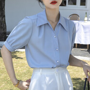 歌詩慧短袖白色襯衫女夏季通勤風(fēng)職業(yè)裝正裝上衣藍(lán)色襯衫面試襯衣高級感 簡約短袖襯衫【藍(lán)】 M