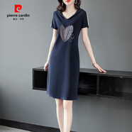 皮爾卡丹（pierre cardin）純棉大碼裙子胖mm短袖連帽連衣裙夏季女中長(zhǎng)款休閑運(yùn)動(dòng)T恤裙 藏青色【雙色羽毛】 L