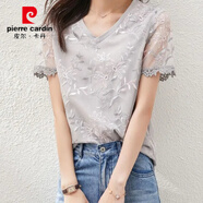 皮爾卡丹（pierre cardin）夏季新款重工刺繡V領(lǐng)短袖花邊蕾絲衫女顯瘦上衣服設計感小眾潮 淺灰色 S