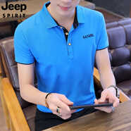 JEEP SPIRIT吉普男士T恤短袖翻領(lǐng)t恤有領(lǐng)polo衫夏季打底短袖衣服有扣子男 C77短衣袖藍色黑領(lǐng) M