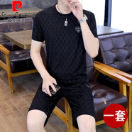 皮爾卡丹2025新款夏季短褲套裝男韓版潮流格紋半袖休閑圓領(lǐng)冰絲體恤兩件套 X8231【黑衣+黑褲】套裝 M