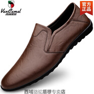西域駱駝2025男士真皮休閑皮鞋韓版潮流一腳蹬豆豆鞋防滑耐磨駕車(chē)鞋男 暗棕色8266四季款-駱駝官方品牌 43