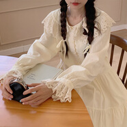 S.SOFEA廣州十三行日系甜美蕾絲花邊長(zhǎng)袖連衣裙仙氣森女風(fēng)格 杏色 XL