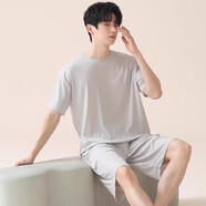 貓人（MiiOW）睡衣男秋款冰絲短袖套裝秋季男士家居服薄款可外穿2025新款 皎月白純色螺紋冰絲 L 體重100-120斤