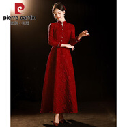 皮爾卡丹（pierre cardin）酒紅色長(cháng)袖敬酒服2025新款中式旗袍新娘結婚訂婚禮服裙女立領(lǐng)薄款 酒紅色長(cháng)款 L
