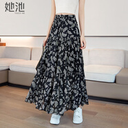 她池復(fù)古半身裙2025春夏新款女優(yōu)雅撞色印花松緊腰大擺長(zhǎng)裙