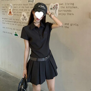 S.SOFEA黑色假兩件短裙女收腰甜辣設(shè)計感百褶連衣裙夏季 黑色 L 120-135