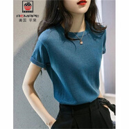 AEMAPE氣質(zhì)優(yōu)雅上衣女夏季新款T恤女修身顯瘦薄款短袖通勤圓領(lǐng)針織衫 藍(lán)色 M (95-105斤拍)