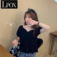 LPOX夏季2025年新款韓版寬松百搭學(xué)生T恤短袖雪紡衫上衣女V領(lǐng)短款襯衫 黑色 S _80-100斤