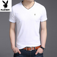 花花公子男士純棉短袖T恤V領(lǐng)夏季新款中青年時(shí)尚潮流半袖百搭修身短袖上衣 5566白色 S 165建議90-110斤