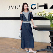 JVH香港潮牌露肩牛仔裙套裝女 2025夏季新款休閑假兩件背心T恤半身裙 深藍色 露肩短袖+長(cháng)裙子 M
