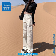 真維斯加絨工裝褲女生高腰窄版闊腿牛仔褲女秋冬季保暖寬松設(shè)計感褲子 米杏色【加長】 M