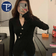 PMOG純御風(fēng)上衣女秋冬毛衣交叉A4腰修身開(kāi)叉 V領(lǐng)套頭針織長(zhǎng)袖內(nèi)搭上衣 經(jīng)典黑[加厚] L 建議10-110斤