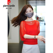 皮爾卡丹（pierre cardin）冰|絲針織衫女短袖防|曬罩衫鏤空薄款蝙蝠衫夏季遮肚子t恤上衣小 紅色 上衣贈吊帶 2XL 120-130斤