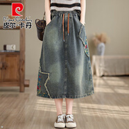 皮爾卡丹（pierre cardin）民族風(fēng)刺繡牛仔半身裙女夏季寬松大碼松緊腰系帶百搭遮胯a字長(zhǎng)裙 藍(lán)色 2XL