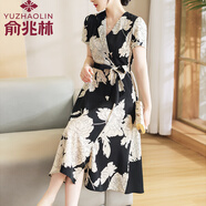 俞兆林（YUZHAOLIN）中年媽媽裝連衣裙女裝夏季2025新款印花裙子50歲洋氣中老年女裝 黑色 2XL （建議105-120斤）
