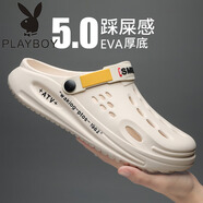 花花公子（PLAYBOY PHYSICAL）洞洞鞋男夏季防滑外穿包頭拖鞋厚底踩屎感棉拖鞋耐磨男款沙灘涼鞋 米色【主圖款】 38  現(xiàn)貨秒發(fā)/售后保障
