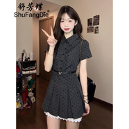 舒芳蝶（shufangdie）復(fù)古假兩件波點(diǎn)短袖連衣裙女裝2025夏季學(xué)院風(fēng)收腰顯瘦a字短裙子 灰色 L