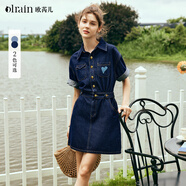 Olrain歐芮兒法式牛仔連衣裙女夏新款復(fù)古收腰小個(gè)子愛(ài)心刺繡裙子 牛仔藍(lán) S