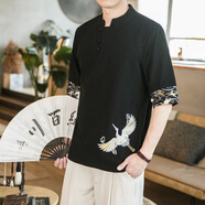 管先生中國風(fēng)男裝亞麻七分袖T恤刺繡棉麻夏裝上衣寬松大碼新中式苧麻t恤 YM901黑色 M