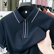 花花公子（PLAYBOY）冰絲短袖t恤男2025夏季薄款時(shí)尚潮流感休閑半拉鏈翻領(lǐng)polo衫 深藍 M