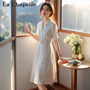 拉夏貝爾（La Chapelle）短袖襯衫連衣裙女裝2025夏季新款條紋法式中長款小個子夏天裙子 米白色 L