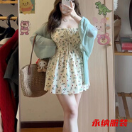 萱圖婭大碼mm法式氣質(zhì)溫柔碎花吊帶連衣裙夏季新款收腰顯瘦純欲風(fēng) 開(kāi)衫+碎花短裙顯瘦兩件套 M 建議80-100斤